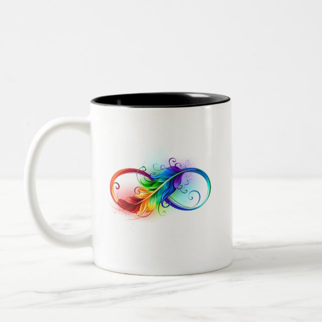Unendliches Symbol mit Regenbogenfederhalter Zweifarbige Tasse (Links)