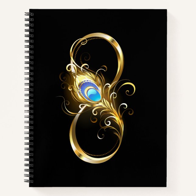 Unendlichkeit mit Golden Peacock Feather Notizbuch (Vorderseite)