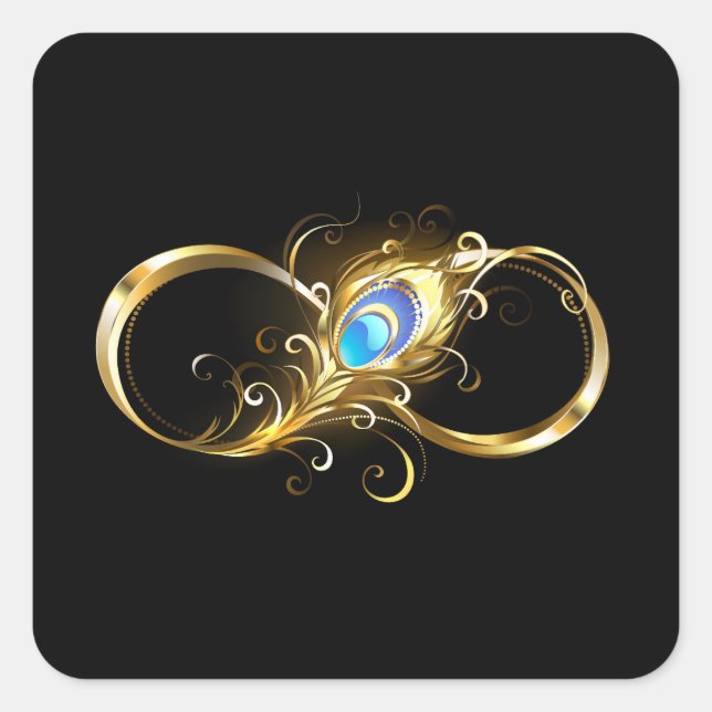 Unendlichkeit mit Golden Peacock Feather Quadratischer Aufkleber (Vorderseite)
