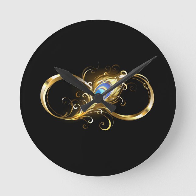 Unendlichkeit mit Golden Peacock Feather Runde Wanduhr (Vorderseite)