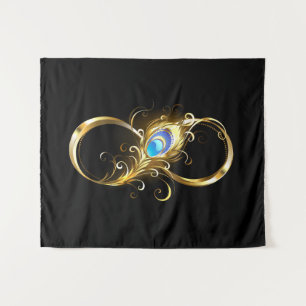 Unendlichkeit mit Golden Peacock Feather Wandteppich