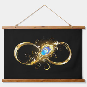 Unendlichkeit mit Golden Peacock Feather Wandteppich Mit Holzrahmen