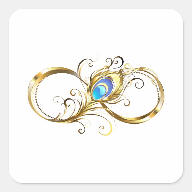 Unendlichkeit mit goldenem Pfauenfeder Quadratischer Aufkleber (Vorderseite)