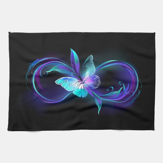 Unendlichkeit mit Zauberschmetterling glänzen Geschirrtuch (Horizontal)