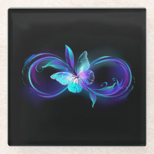 Unendlichkeit mit Zauberschmetterling glänzen Glasuntersetzer