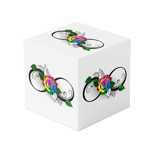 Unendlichkeitssymbol mit Rainbow-Rose Würfel (Vorderseite Schrägansicht)