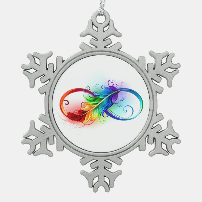 Unendlichkeitssymbol mit Regenbogen-Feder Schneeflocken Zinn-Ornament (Vorderseite)