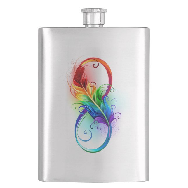 Unendlichkeitssymbol mit Regenbogenfeder Flachmann (Vorderseite)