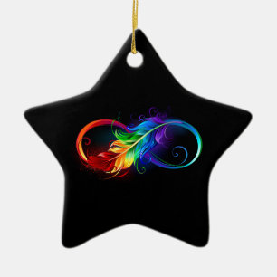 Unendlichkeitssymbol mit Regenbogenfeder Keramik Ornament