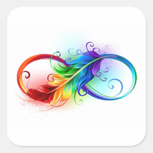 Unendlichkeitssymbol mit Regenbogenfeder Quadratischer Aufkleber
