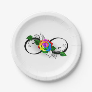 Unendlichkeitssymbol mit Regenbogenrose Pappteller