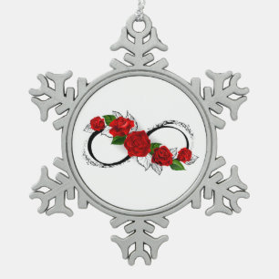 Unendlichkeitssymbol mit roten Rosen Schneeflocken Zinn-Ornament
