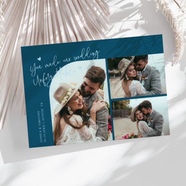 Unforgettable Wedding Teal Multi Photo Dankeskarte (Von Creator hochgeladen)