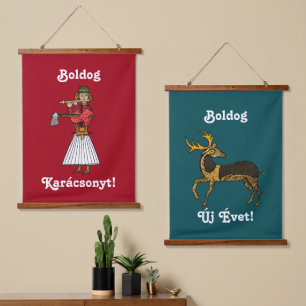 Ungarisch ・ Boldog Karácsonyt! Boldog Új Évet! Wandteppich Mit Holzrahmen