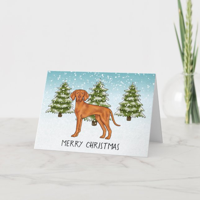 Ungarisch Vizsla Dog Snowy Winterwald und Text Karte (Vorderseite)