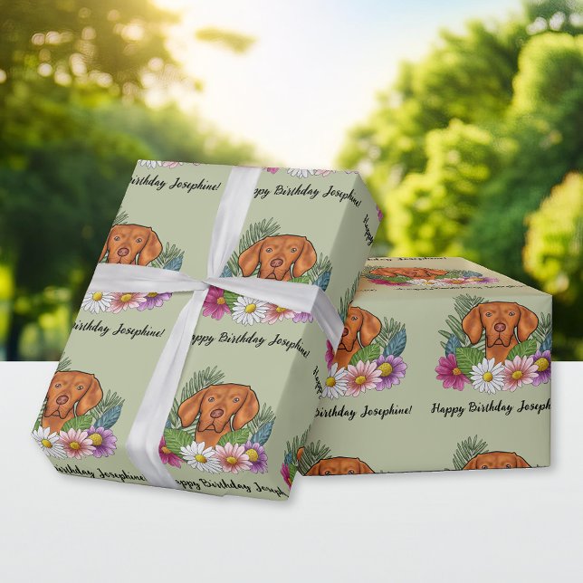 Ungarisch Vizsla Dog Sommer Floral Happy Birthday Geschenkpapier (Von Creator hochgeladen)