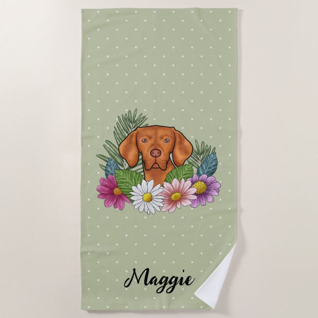 Ungarisch Vizsla mit farbenfrohen Blume und Namen Strandtuch (Vorderseite)