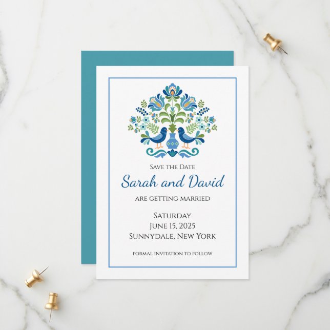 Ungarische Blauvögel Save The Date (Vorderseite/Rückseite Beispiel)