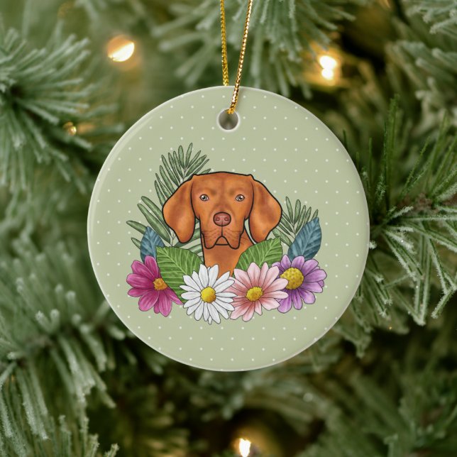 Ungarische Vizsla und farbenfrohe Sommer-Blume Grü Keramik Ornament (Baum)