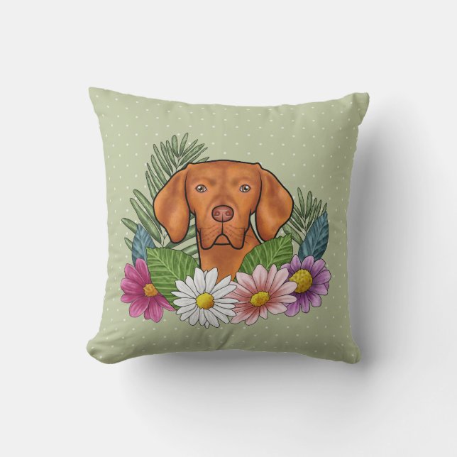 Ungarische Vizsla und farbenfrohe Sommer-Blume Grü Kissen (Vorderseite)