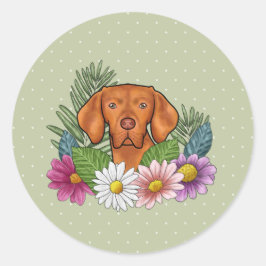Ungarische Vizsla und farbenfrohe Sommer-Blume Grü Runder Aufkleber