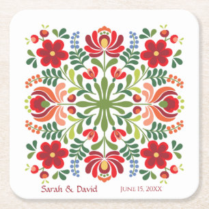 Ungarischer Design Red Blume Square Paper Unterset Rechteckiger Pappuntersetzer