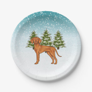 Ungarischer Vizsla Hund Schneebedeckter Winterwald Pappteller