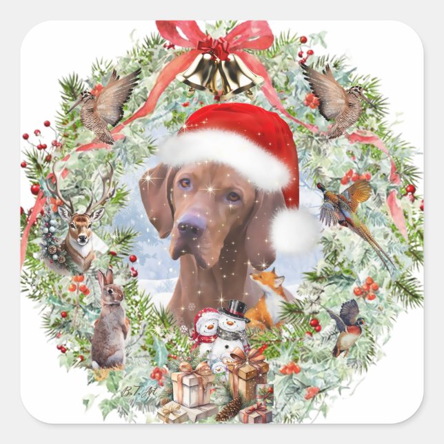 Ungarischer Weihnachtskranz Vizsla Quadratischer Aufkleber (Vorderseite)