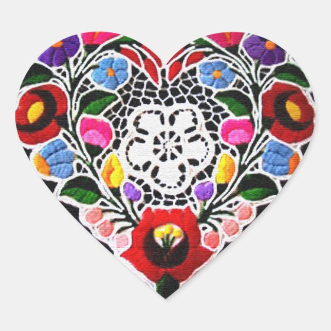 Ungarisches Stickereiherz auf schwarz Herz-Aufkleber (Vorderseite)