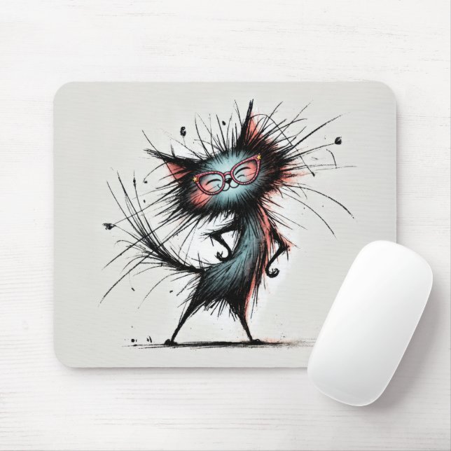 Ungepflegte freche Katze mit roter Brille Mousepad (Mit Mouse)