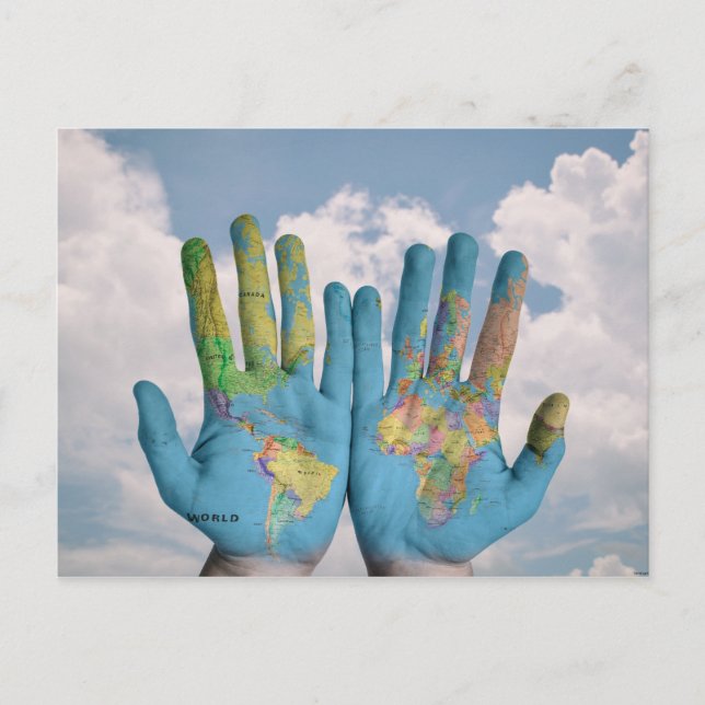 Ungewöhnliche World Map Atlas Hands Moderne Kunst Postkarte (Vorderseite)