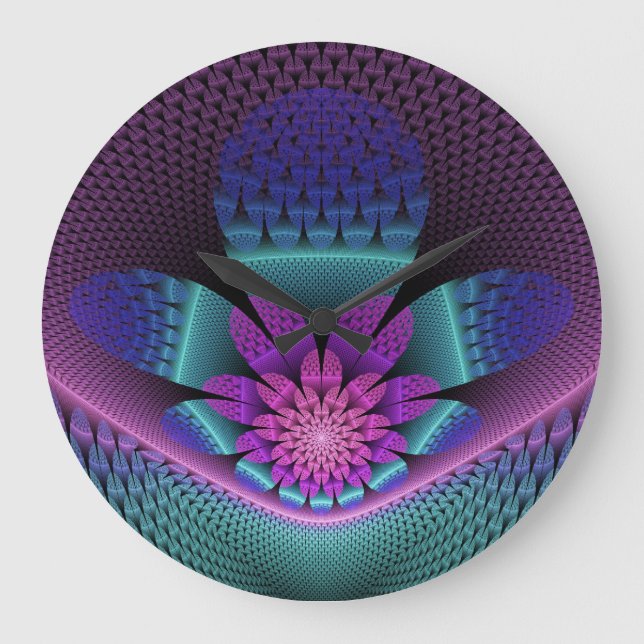 Ungewöhnliches Gemustertes Fantasy Blume Fraktal Große Wanduhr (Vorderseite)