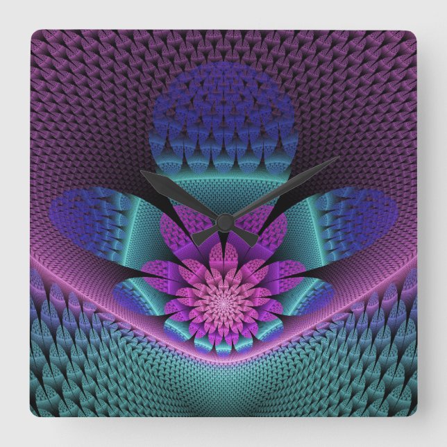 Ungewöhnliches Gemustertes Fantasy Blume Fraktal Quadratische Wanduhr (Vorderseite)
