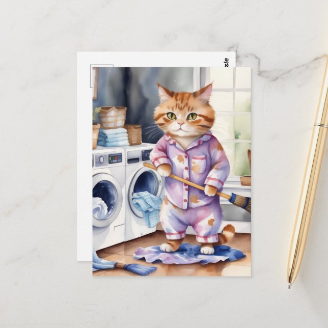 Unglaublich witzig Niedliche Katze in Pajamas Wäsc Postkarte (Vorderseite/Rückseite Beispiel)