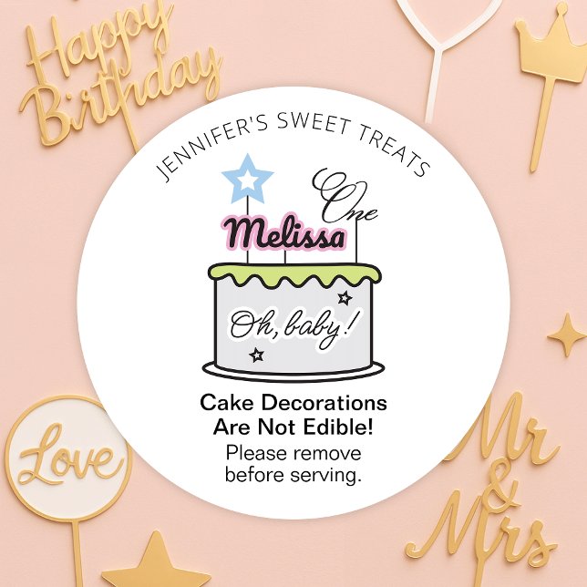 Unglaubliche Kuchendekorationen essen keine Warnun Runder Aufkleber (Inedible acrylic decorations safety stickers with custom text and your business name)