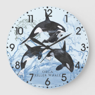 Unglaubliche Schwarz-Weiß-Wasserfarben-Orcas Große Wanduhr