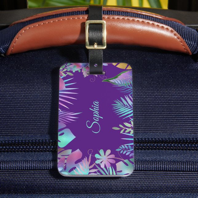 Unglaubliche tropische Blätter, Aquamariner Name a Gepäckanhänger (Vorderseite Insitu 2)