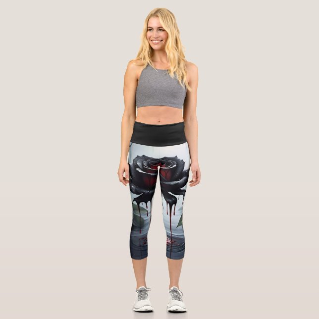 Unheimliche schwarze Rose schwarz Capri Leggings (Vorderseite)