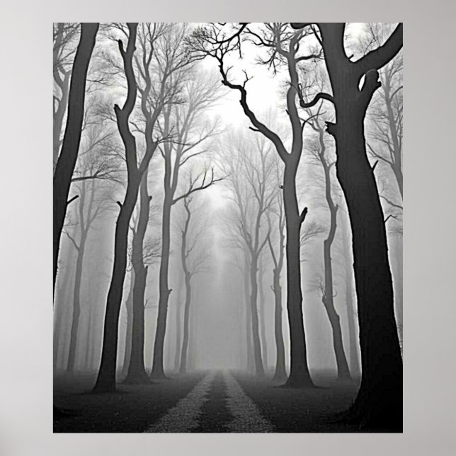 Unheimlicher nebliger Waldweg Kunst Poster (Vorne)