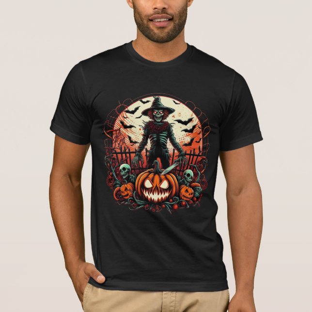 Unheimlicher Vogelscheuchen-Jack-O-Lantern-Grusel- T-Shirt (Vorderseite)