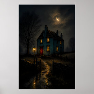 Unheimliches Gothic Cottage Nachtlandschaft Poster
