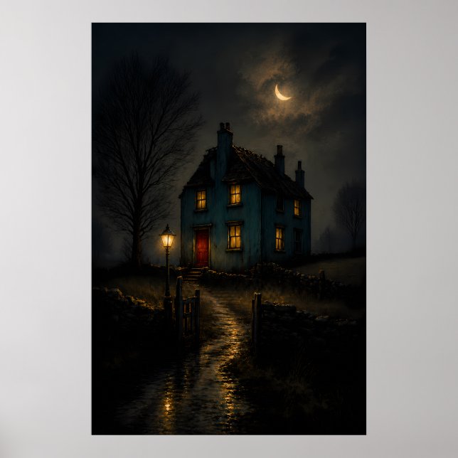 Unheimliches Gothic Cottage Nachtlandschaft Poster (Vorne)