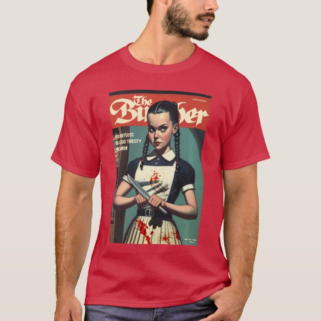 Unheimliches Mädchen mit Messer 1960er Horror-Comi T-Shirt (Vorderseite)