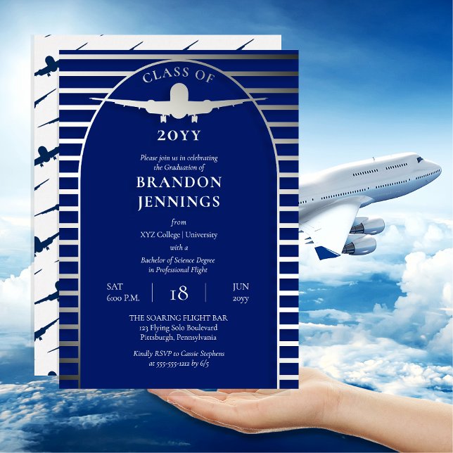 Uni-Abschluss der Flugschule für Fluglotsen Folieneinladung (Airline Pilot Flight School College Graduation Announcement Invitation - Blue, White and Silver Foil)