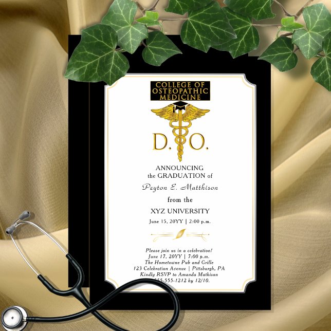 Uni der Osteopathischen Medizin DO Arzt Grad Einladung (Elegant College of Osteopathic Medicine "D.O." Physician Graduation Invitation - Print | Download)