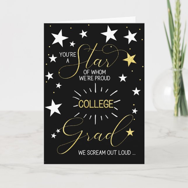 Uni Graduate Black Gold Stars Typografie Karte (Vorderseite)