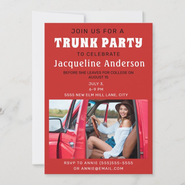 Uni Trunk Party Dorm Dusche Rotes Foto Einladung (Vorderseite)
