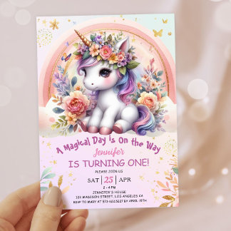 Unicorn 1. Geburtstag Girl Pink Bläsernbogen Einladung