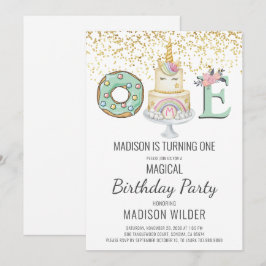 Unicorn 1. Geburtstag Gold Aqua Rosa Weiß Einladung