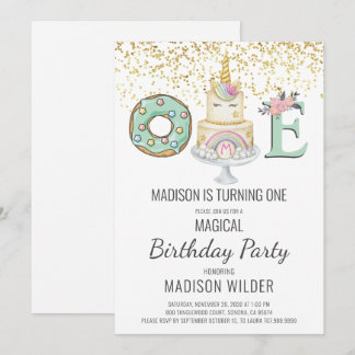 Unicorn 1. Geburtstag Gold Aqua Rosa Weiß Einladung